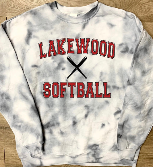 Hand-dyed Adult Lakewood Lancers Gray Tie Dye Lakewood Lakewood Softball or Baseball Bat Center Crewneck Sweatshirt