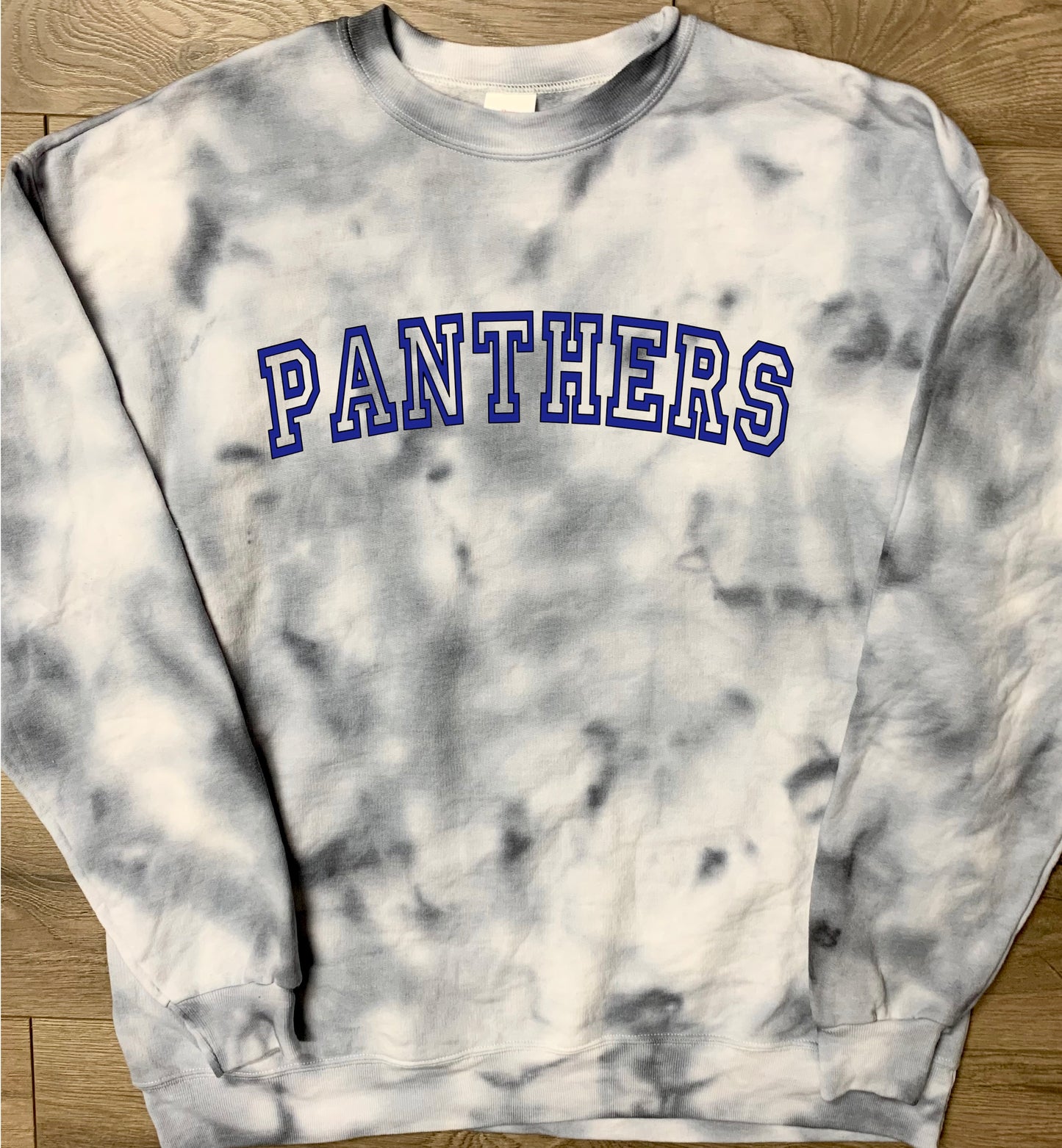 Hand-dyed Adult Licking Valley Panthers Gray Curved Block Panthers Tie Dye Crewneck Sweatshirt