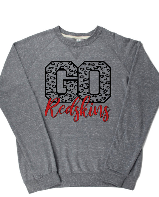 Adult Utica Redskins Leopard GO Cursive Redskins Lightweight Snow Heather Crewneck