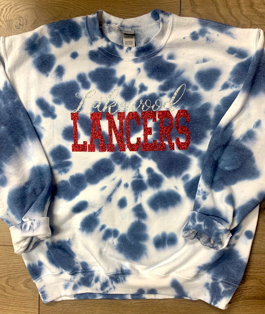 Hand-dyed Adult Cursive Lakewood Block Lancers Tie Dye Crewneck Sweatshirt