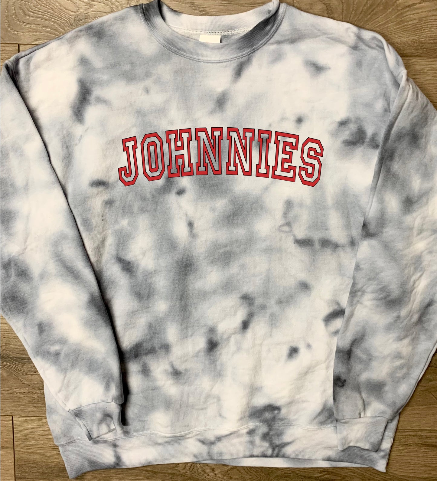Hand-dyed Adult Johnstown Johnnies Gray Curved Block Johnnies Tie Dye Crewneck Sweatshirt