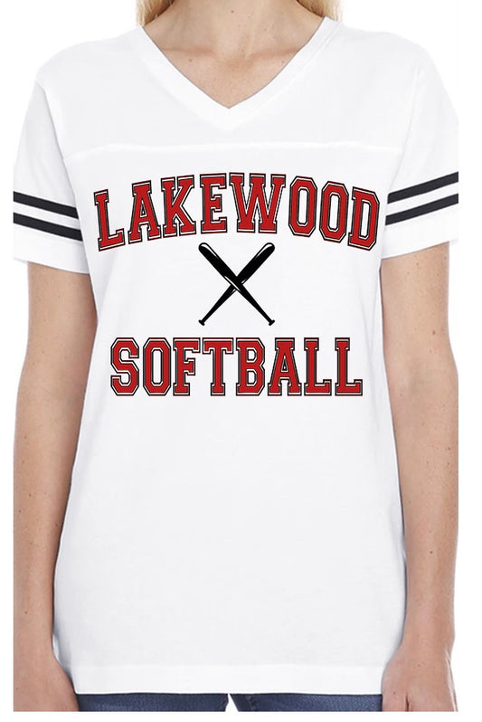 Adult Lakewood Lancers Lakewood Softball or Baseball Bat Center Ladies Short Sleeve V-neck Football Tee
