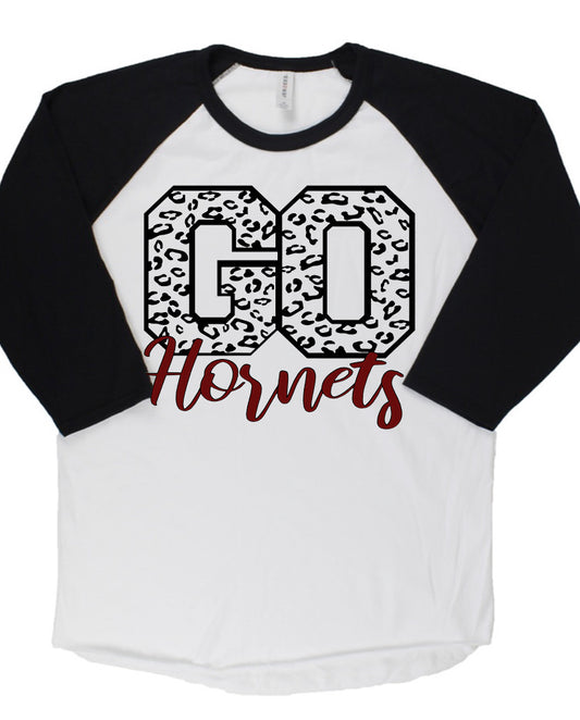Adult Licking Heights Hornets Leopard GO Cursive Hornets Baseball Tee