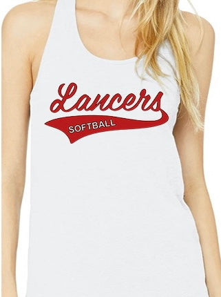 Adult Lakewood Lancers Cursive Lakewood with Flag Tail Softball or Baseball L Center Racerback Tank