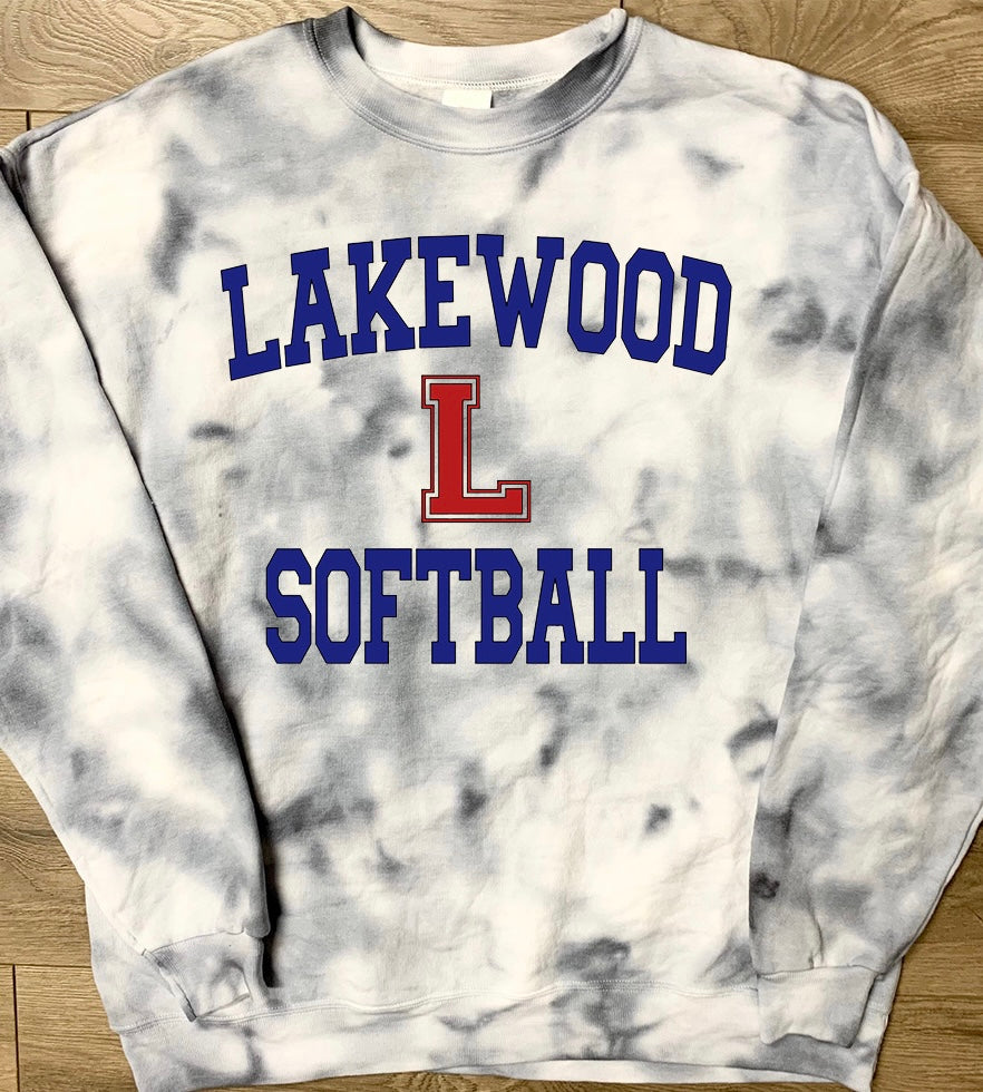 Hand-dyed Adult Lakewood Lancers Gray Tie Dye Lakewood Softball or Baseball L Center Crewneck Sweatshirt