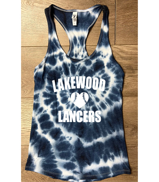 Adult Lakewood Lancers Hand-dyed Blue Tie Dye Lakewood Baseball or Softball Heart Center Racerback Tank