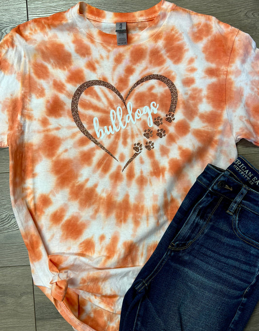 Adult Hand-dyed Heath Bulldogs Heart Pawprint Cursive Bulldogs Short Sleeve Tie Dye Tee