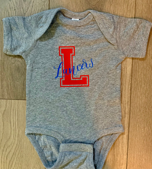 Infant Lakewood Lancers Block L Cursive Lancers Onesie