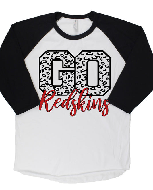 Adult Utica Redskins Leopard GO Cursive Redskins Baseball Tee
