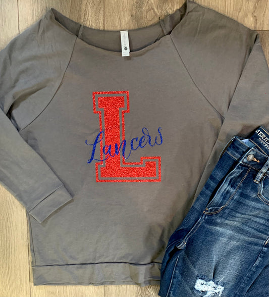 Adult Lakewood Lancers Block L Cursive Lancers Off-Shoulder Lightweight Top