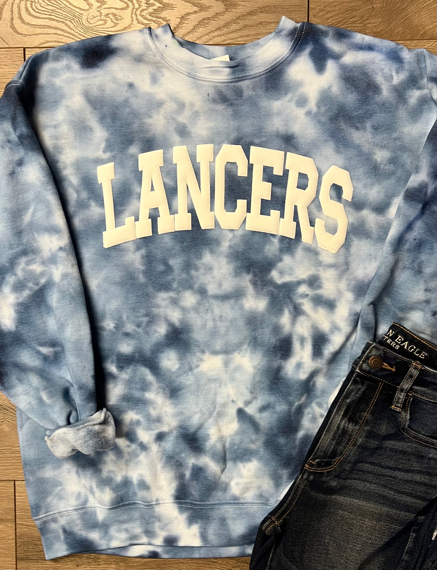 Hand-dyed Adult Lakewood Lancers Dark Blue Tie Dye Puff Vinyl Lancers Crewneck Sweatshirt