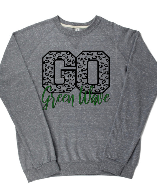 Adult Newark Catholic Green Wave Leopard GO Cursive Green Wave Lightweight Snow Heather Crewneck