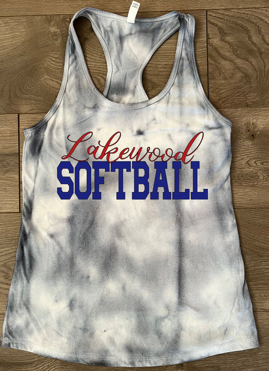 Adult Lakewood Lancers Hand-dyed Gray Tie Dye Cursive Lakewood Block Baseball or Softball Racerback Tank