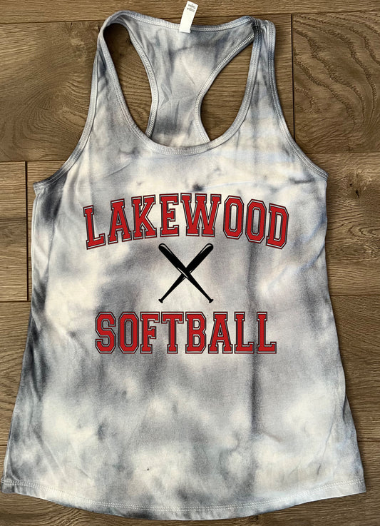 Adult Lakewood Lancers Hand-dyed Gray Tie Dye Lakewood Baseball or Softball Bat Center Racerback Tank