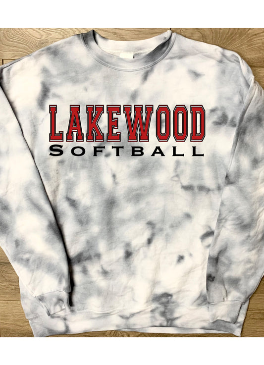 Hand-dyed Adult Lakewood Lancers Gray Tie Dye Block Lakewood Softball or Baseball Crewneck Sweatshirt