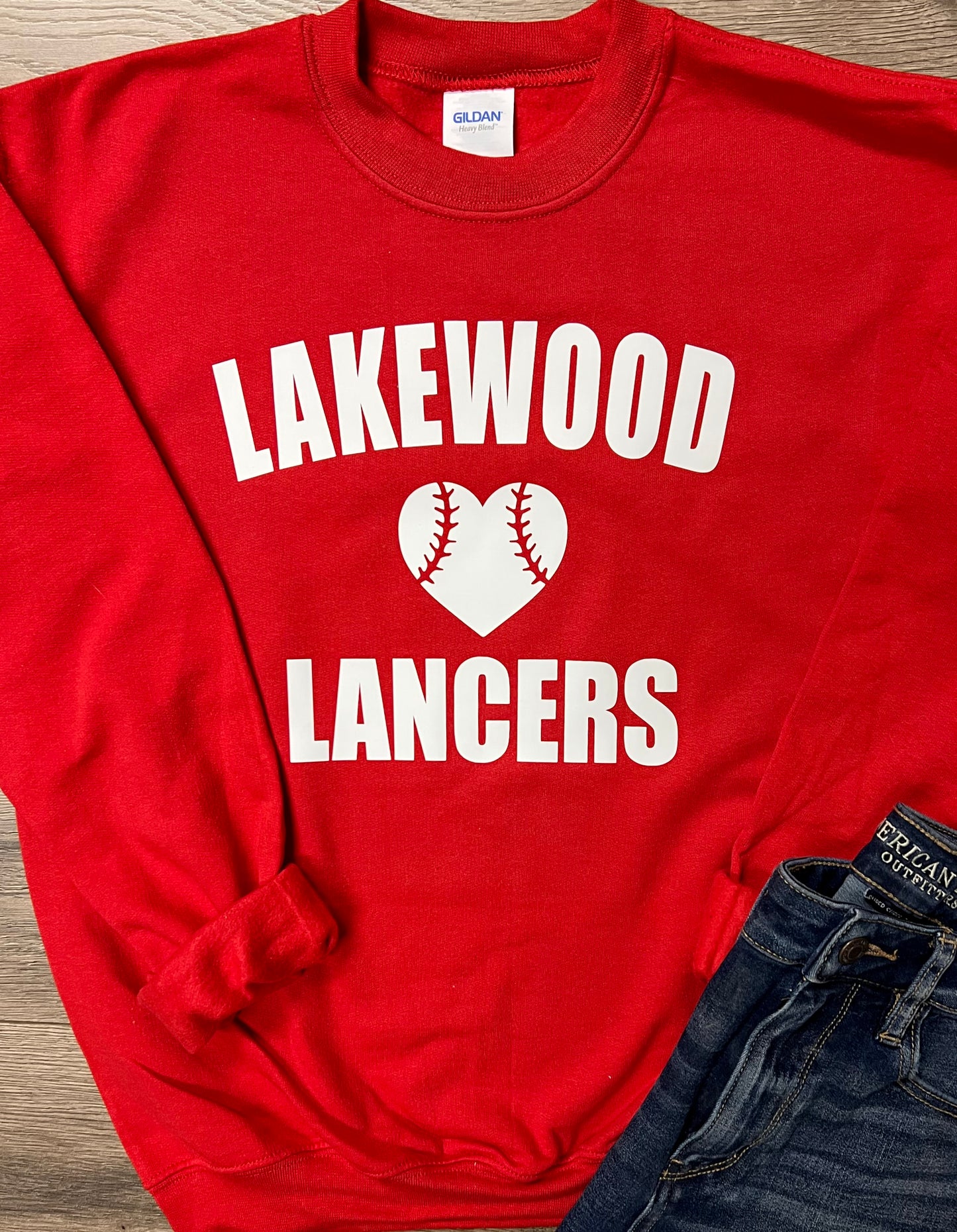 Youth Lakewood Lancers Lakewood Lancers Heart Baseball Softball Center Block Crewneck Sweatshirt