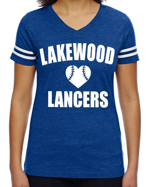 Adult Lakewood Lancers Lakewood Softball or Baseball Heart Center Ladies Short Sleeve V-neck Football Tee