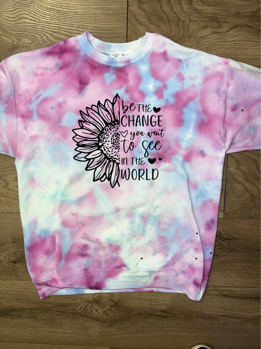 Hand-dyed Adult Be The Change Sunflower Crewneck Sweatshirt - CHOOSE TIE DYE COLORS