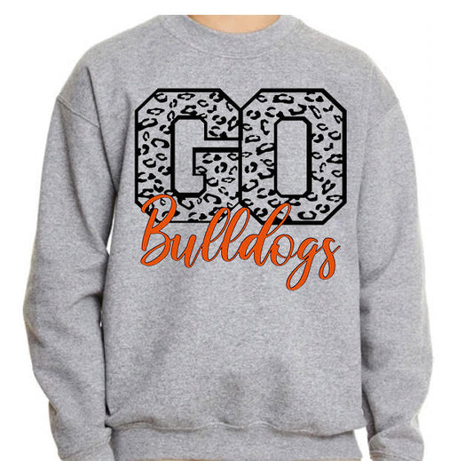 Adult Heath Bulldogs Leopard GO Cursive Bulldogs Crewneck Sweatshirt