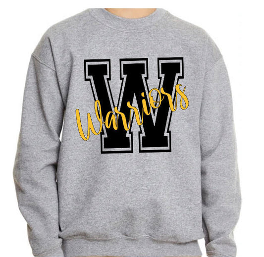 Adult Watkins Warriors Block Watkins Cursive Warriors Crewneck Sweatshirt