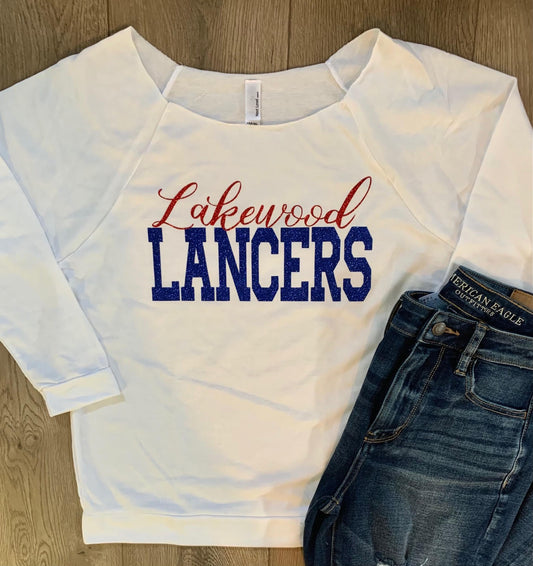 Adult Lakewood Lancers Cursive Lakewood Block Lancers Off-Shoulder Lightweight Top