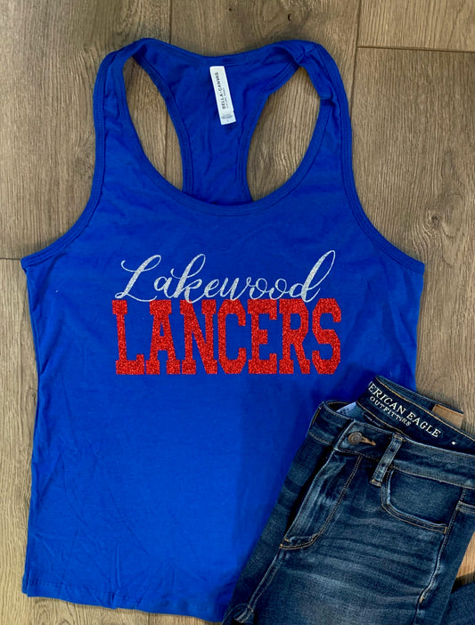 Adult Lakewood Lancers Cursive Lakewood Block Lancers Racerback Tank