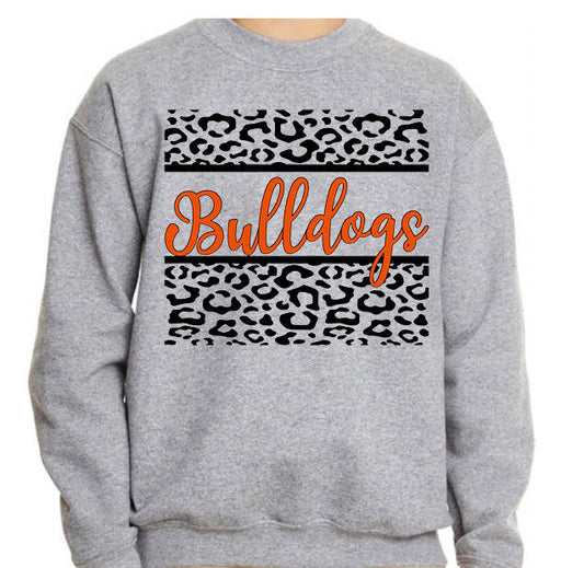 Adult Heath Bulldogs Leopard Cursive Bulldogs Crewneck Sweatshirt